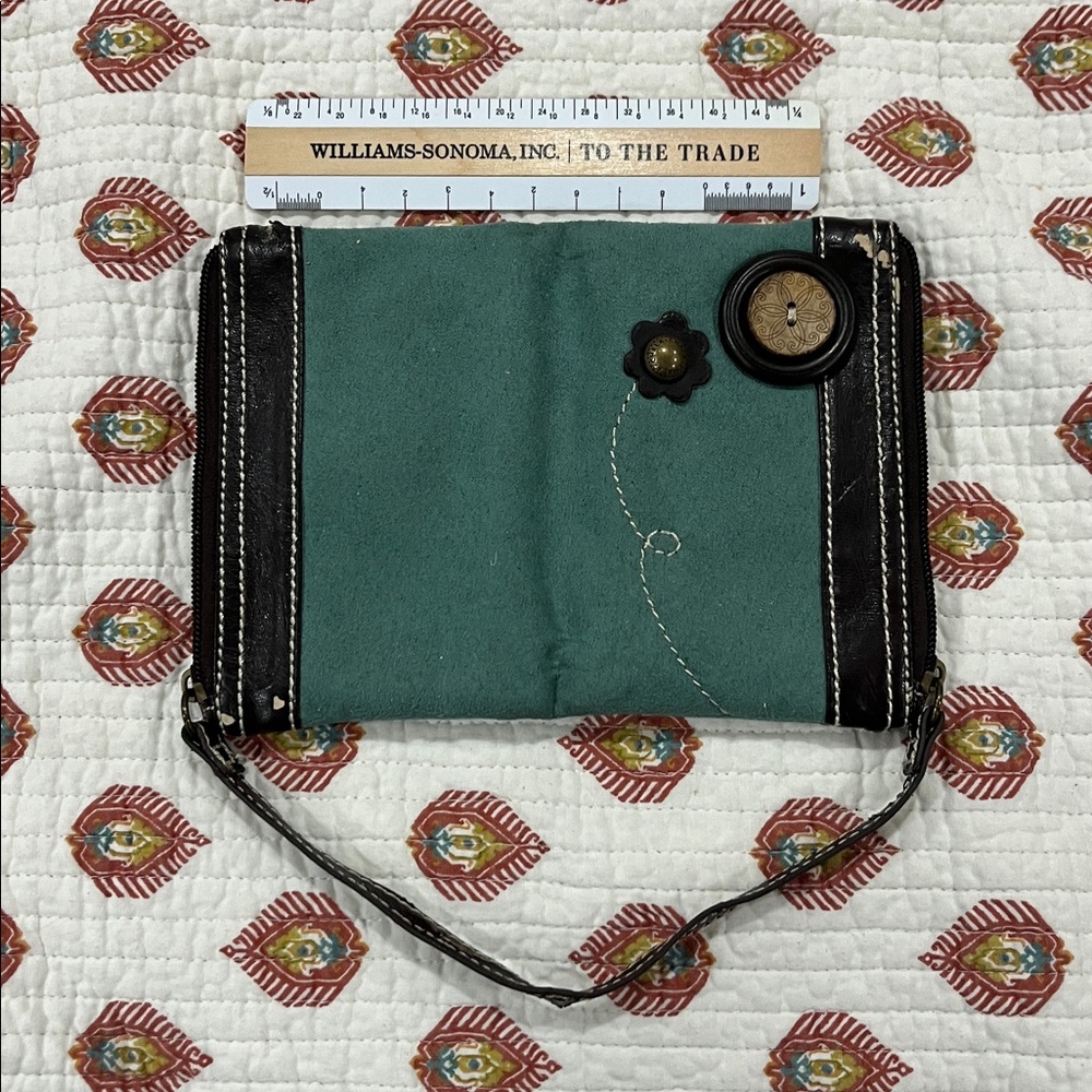 Green and Black Fabric Clutch with Button Accents